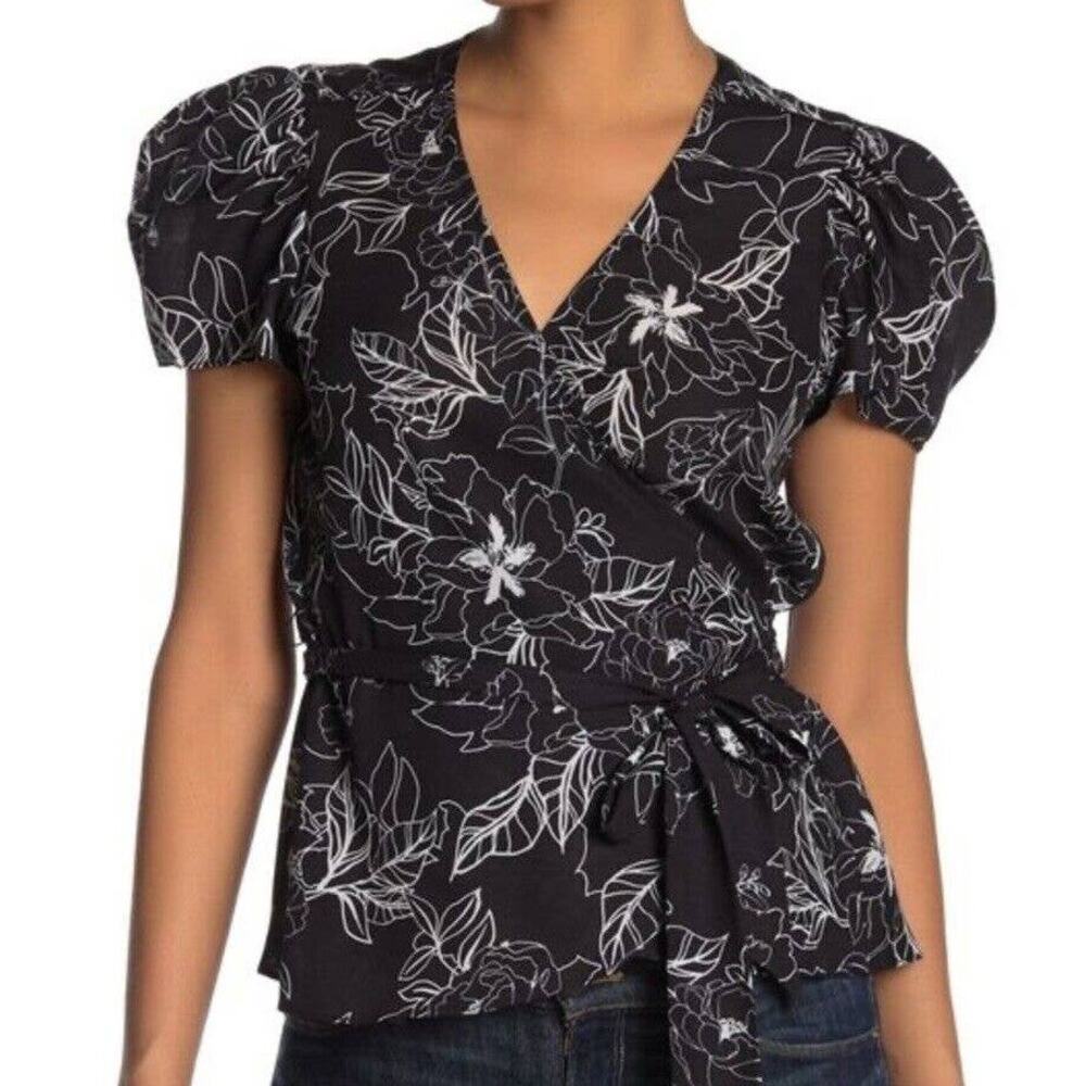 Parker NWT Short Puff Sleeve Floral Wrap Top Blouse Black White Size XS V-Neck